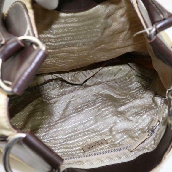Prada Xl Hobo Style Shoulder Purse Champagne Nylon And Brown Leather With Chrome - Picture 3 of 8